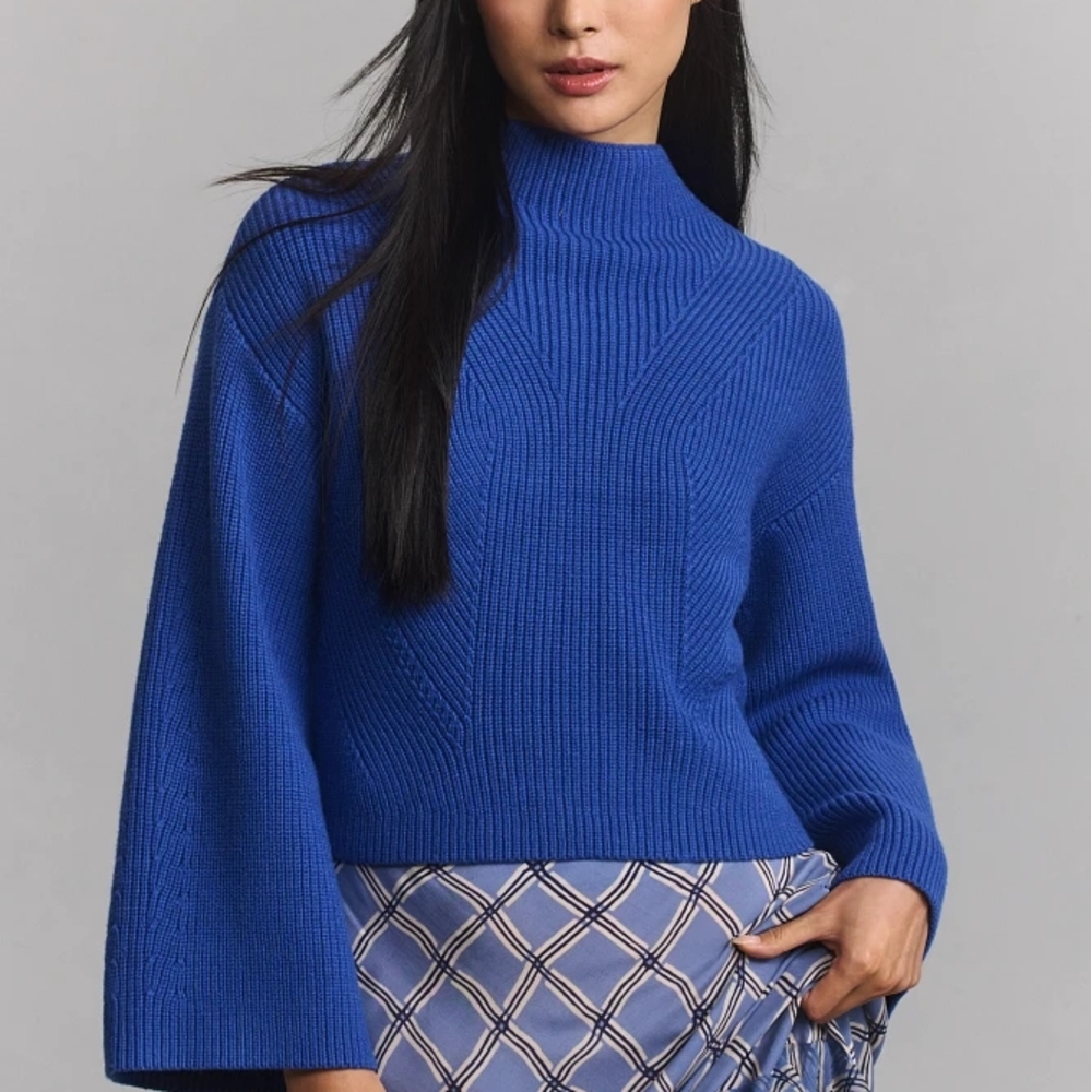 Blue Katey Mock-Neck Bell-Sleeve Sweater by Maeve